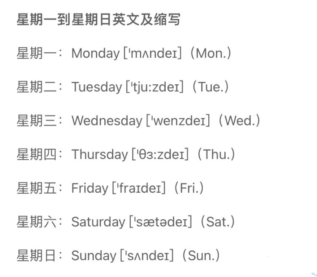 星期一到星期日的英文的写法和读音分别是什么?