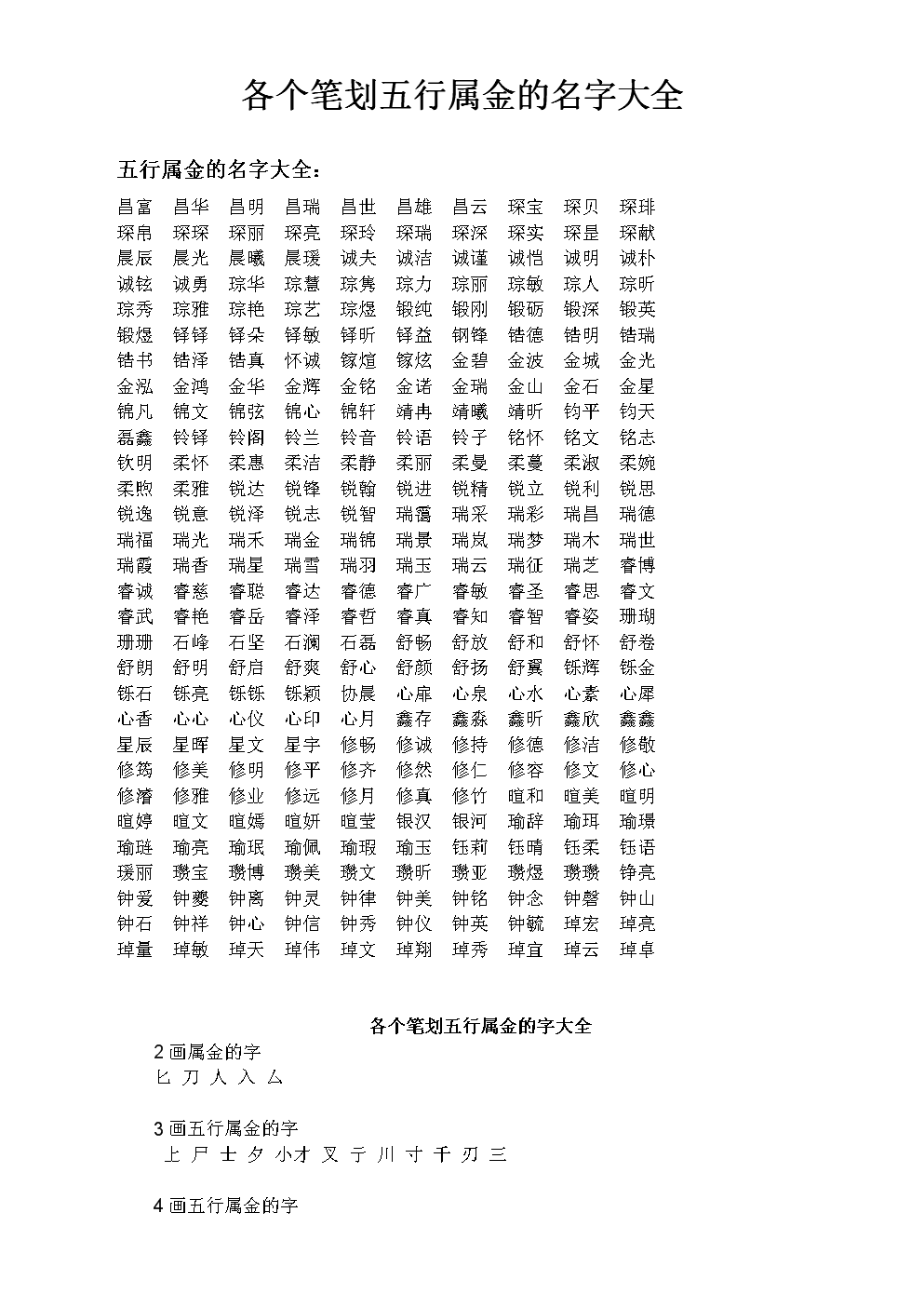 五行属金的字 取名